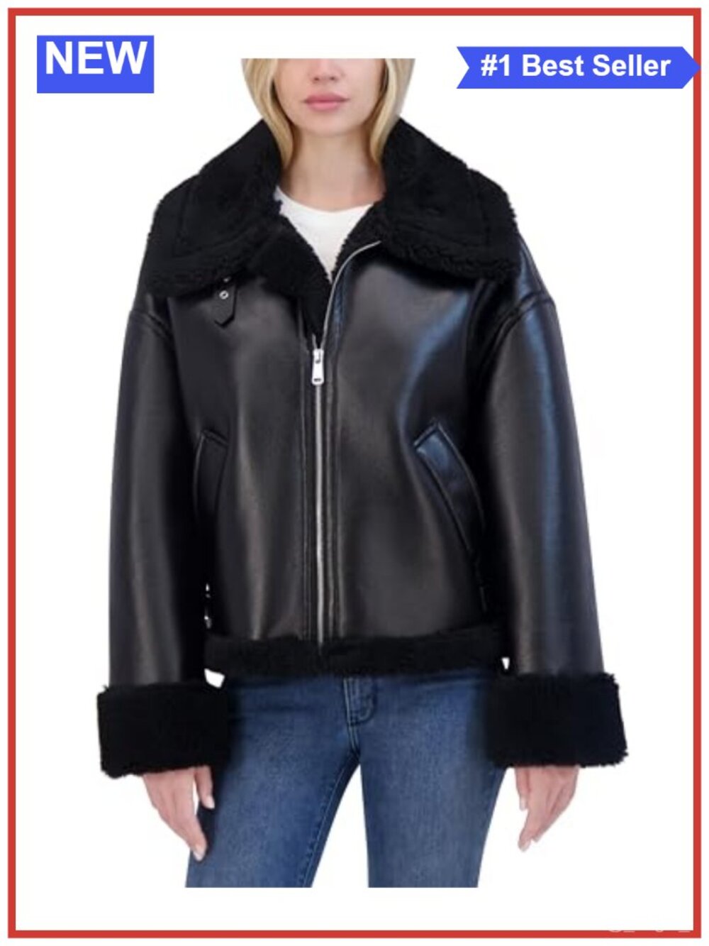 Faux Shearling Leather Jacket Women's Long Sleeve Zip Front Casual